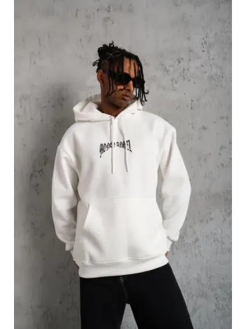 Erkek Kordon İpli Baskılı Kapüşonlu Sweatshirt - Beyaz Erkek Kordon İpli Baskılı Kapüşonlu Sweatshirt - Beyaz