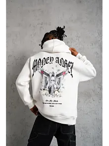 Erkek Kordon İpli Baskılı Kapüşonlu Sweatshirt - Beyaz