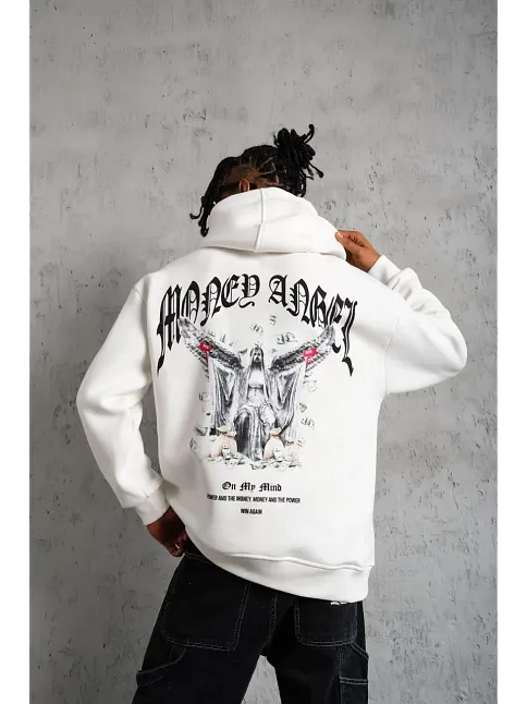 Erkek Kordon İpli Baskılı Kapüşonlu Sweatshirt - Beyaz