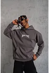 Erkek Kordon İpli Baskılı Kapüşonlu Sweatshirt - Füme
