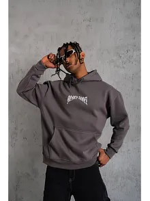 Erkek Kordon İpli Baskılı Kapüşonlu Sweatshirt - Füme