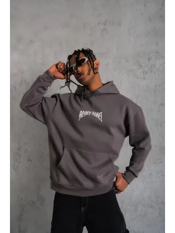 Erkek Kordon İpli Baskılı Kapüşonlu Sweatshirt - Füme