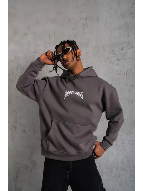 Erkek Kordon İpli Baskılı Kapüşonlu Sweatshirt - Füme