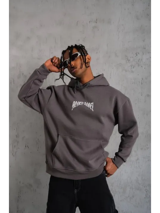 Erkek Kordon İpli Baskılı Kapüşonlu Sweatshirt - Füme