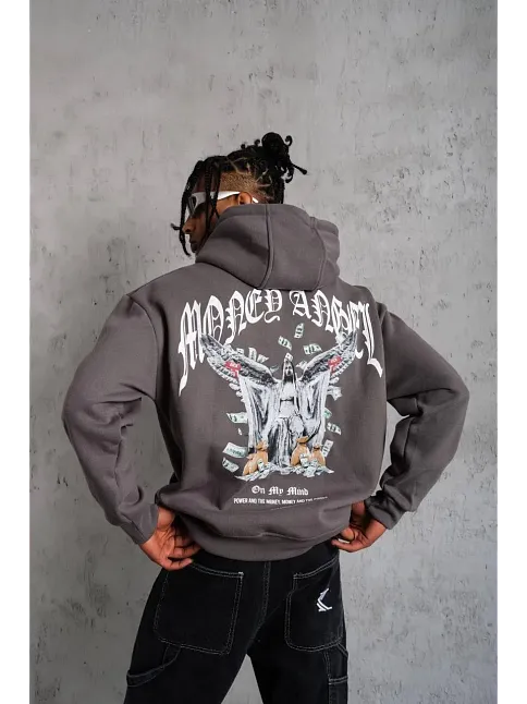 Erkek Kordon İpli Baskılı Kapüşonlu Sweatshirt - Füme