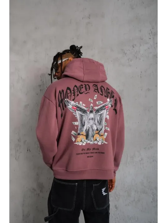 Erkek Kordon İpli Baskılı Kapüşonlu Sweatshirt - Gül Kurusu