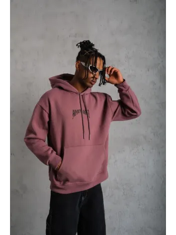 Erkek Kordon İpli Baskılı Kapüşonlu Sweatshirt - Gül Kurusu Erkek Kordon İpli Baskılı Kapüşonlu Sweatshirt - Gül Kurusu