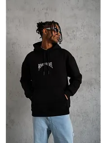Erkek Kordon İpli Baskılı Kapüşonlu Sweatshirt - Siyah