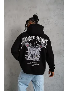 Erkek Kordon İpli Baskılı Kapüşonlu Sweatshirt - Siyah