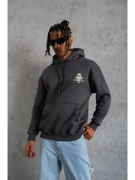 Erkek Kordonlu Maske Baskılı Kapşonlu Sweat - Gri