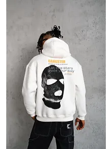Erkek Kordonlu Maske Baskılı Kapüşonlu Sweat - Beyaz