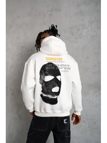 Erkek Kordonlu Maske Baskılı Kapüşonlu Sweat - Beyaz