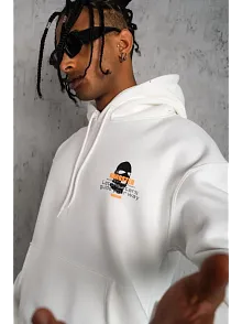 Erkek Kordonlu Maske Baskılı Kapüşonlu Sweat - Beyaz