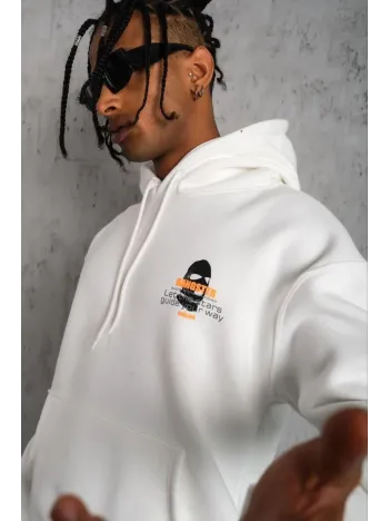 Erkek Kordonlu Maske Baskılı Kapüşonlu Sweat - Beyaz Erkek Kordonlu Maske Baskılı Kapüşonlu Sweat - Beyaz