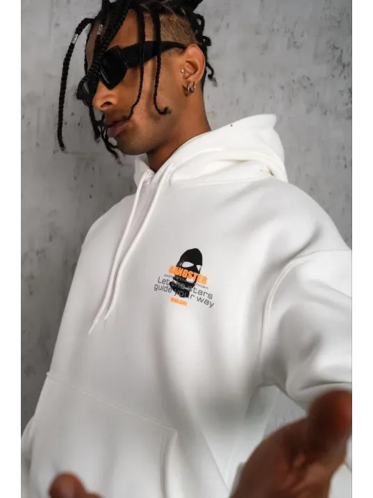 Erkek Kordonlu Maske Baskılı Kapüşonlu Sweat - Beyaz