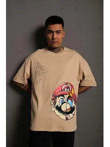 Erkek Mario Baskılı Oversize T-shirt - Bej