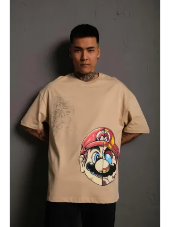 Erkek Mario Baskılı Oversize T-Shirt - Bej Erkek Mario Baskılı Oversize T-Shirt - Bej