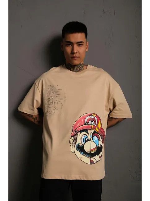 Erkek Mario Baskılı Oversize T-shirt - Bej