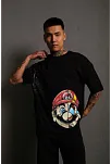 Erkek Mario Baskılı T-shirt Oversize Kısa Kol Bisiklet Yaka Tişort - Siyah