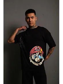 Erkek Mario Baskılı T-shirt Oversize Kısa Kol Bisiklet Yaka Tişort - Siyah