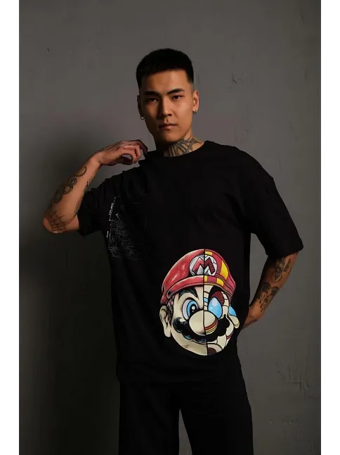 Erkek Mario Baskılı T-shirt Oversize Kısa Kol Bisiklet Yaka Tişort - Siyah