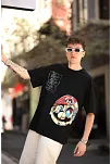 Erkek Mario Baskılı T-shirt Oversize Kısa Kol Bisiklet Yaka Tişort - Siyah