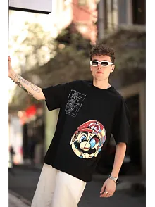 Erkek Mario Baskılı T-shirt Oversize Kısa Kol Bisiklet Yaka Tişort - Siyah