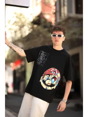Erkek Mario Baskılı Oversize T-Shirt - Siyah
