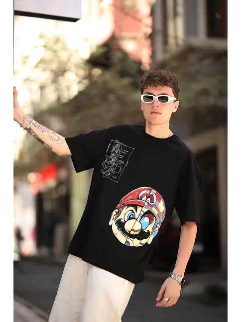 Erkek Mario Baskılı T-shirt Oversize Kısa Kol Bisiklet Yaka Tişort - Siyah