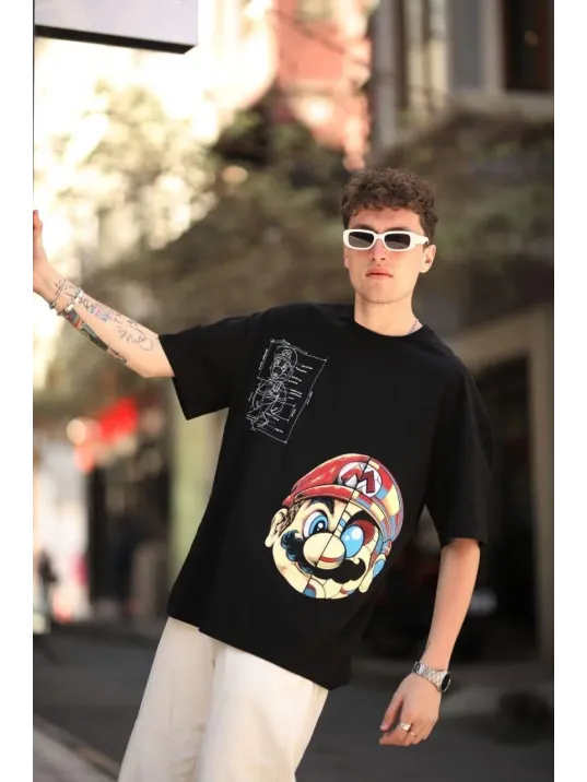 Erkek Mario Baskılı Oversize T-Shirt - Siyah