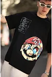 Erkek Mario Baskılı T-shirt Oversize Kısa Kol Bisiklet Yaka Tişort - Siyah