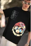 Erkek Mario Baskılı Oversize T-shirt - Siyah