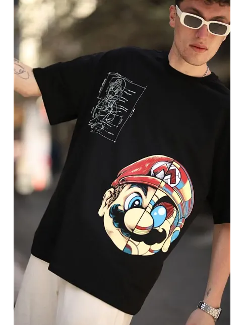 Erkek Mario Baskılı T-shirt Oversize Kısa Kol Bisiklet Yaka Tişort - Siyah
