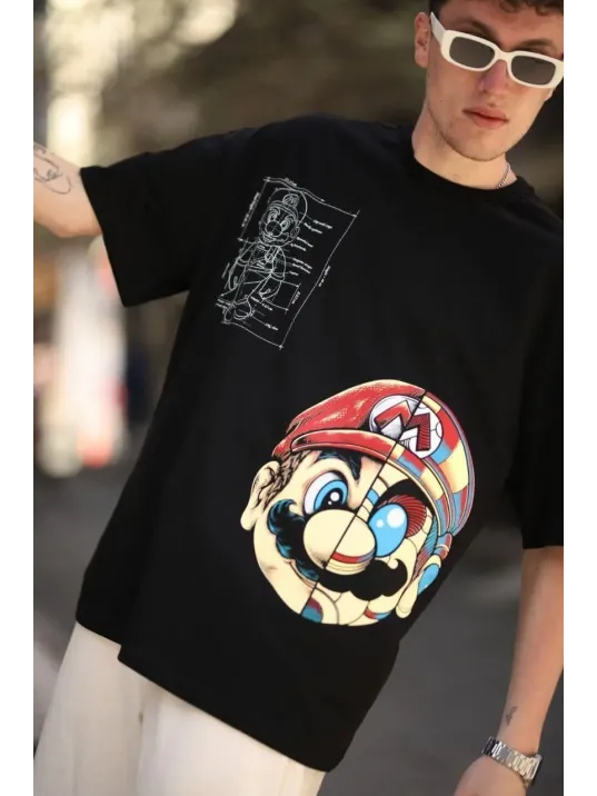 Erkek Mario Baskılı Oversize T-Shirt - Siyah