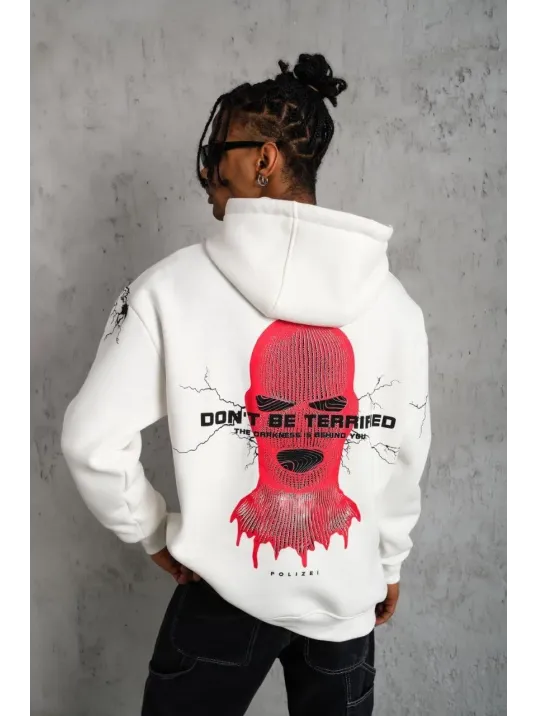 Erkek Oversize Üç İplik Kapüşonlu Sweatshirt – “Don’t Be Terrified” Ön, Sırt ve Kol Baskılı, Kanguru Cepli, Ribanalı Rahat Model - Beyaz Erkek Oversize Üç İplik Kapüşonlu Sweatshirt – “Don’t Be Terrified” Ön, Sırt ve Kol Baskılı, Kanguru Cepli, Ribanalı Rahat Model - Beyaz