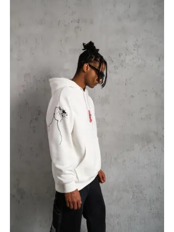 Erkek Oversize Üç İplik Kapüşonlu Sweatshirt – “Don’t Be Terrified” Ön, Sırt ve Kol Baskılı, Kanguru Cepli, Ribanalı Rahat Model - Beyaz Erkek Oversize Üç İplik Kapüşonlu Sweatshirt – “Don’t Be Terrified” Ön, Sırt ve Kol Baskılı, Kanguru Cepli, Ribanalı Rahat Model - Beyaz