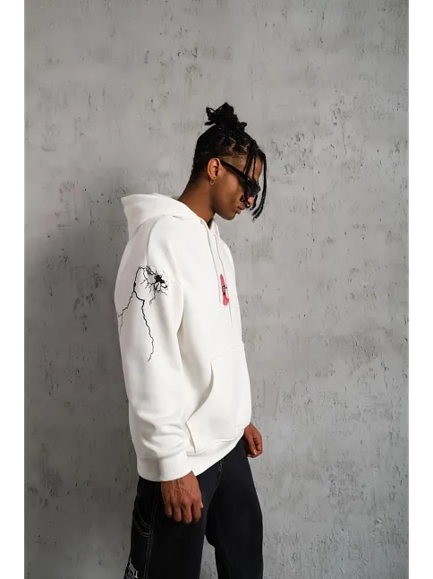 Erkek Maske Baskılı Kapüşonlu Sweat - Beyaz