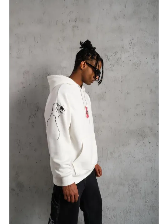 Erkek Oversize Üç İplik Kapüşonlu Sweatshirt – “Don’t Be Terrified” Ön, Sırt ve Kol Baskılı, Kanguru Cepli, Ribanalı Rahat Model - Beyaz Erkek Oversize Üç İplik Kapüşonlu Sweatshirt – “Don’t Be Terrified” Ön, Sırt ve Kol Baskılı, Kanguru Cepli, Ribanalı Rahat Model - Beyaz