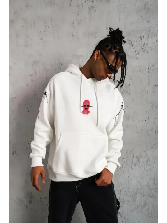 Erkek Oversize Üç İplik Kapüşonlu Sweatshirt – “Don’t Be Terrified” Ön, Sırt ve Kol Baskılı, Kanguru Cepli, Ribanalı Rahat Model - Beyaz Erkek Oversize Üç İplik Kapüşonlu Sweatshirt – “Don’t Be Terrified” Ön, Sırt ve Kol Baskılı, Kanguru Cepli, Ribanalı Rahat Model - Beyaz