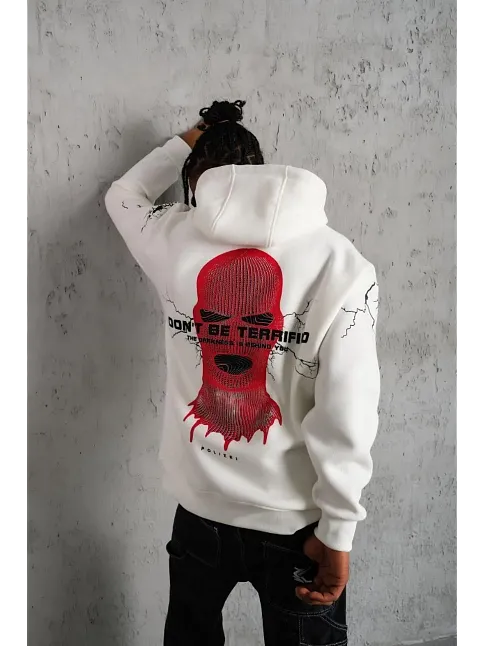Erkek Maske Baskılı Kapüşonlu Sweat - Beyaz
