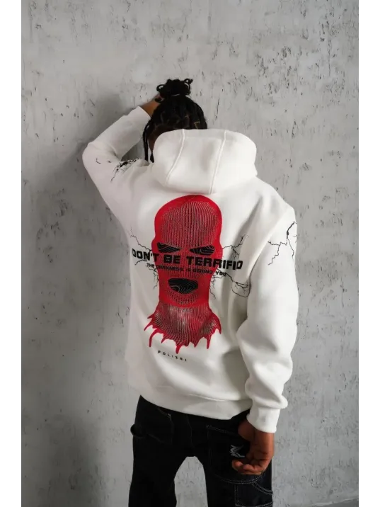 Erkek Oversize Üç İplik Kapüşonlu Sweatshirt – “Don’t Be Terrified” Ön, Sırt ve Kol Baskılı, Kanguru Cepli, Ribanalı Rahat Model - Beyaz Erkek Oversize Üç İplik Kapüşonlu Sweatshirt – “Don’t Be Terrified” Ön, Sırt ve Kol Baskılı, Kanguru Cepli, Ribanalı Rahat Model - Beyaz