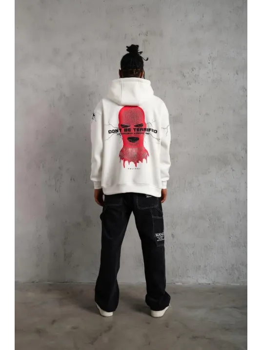Erkek Oversize Üç İplik Kapüşonlu Sweatshirt – “Don’t Be Terrified” Ön, Sırt ve Kol Baskılı, Kanguru Cepli, Ribanalı Rahat Model - Beyaz Erkek Oversize Üç İplik Kapüşonlu Sweatshirt – “Don’t Be Terrified” Ön, Sırt ve Kol Baskılı, Kanguru Cepli, Ribanalı Rahat Model - Beyaz