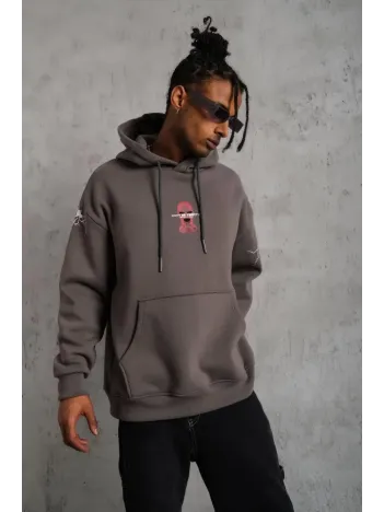 Erkek Maske Baskılı Kapüşonlu Sweat - Gri