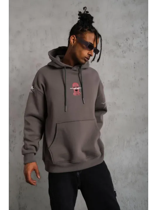 Erkek Maske Baskılı Kapüşonlu Sweat - Gri