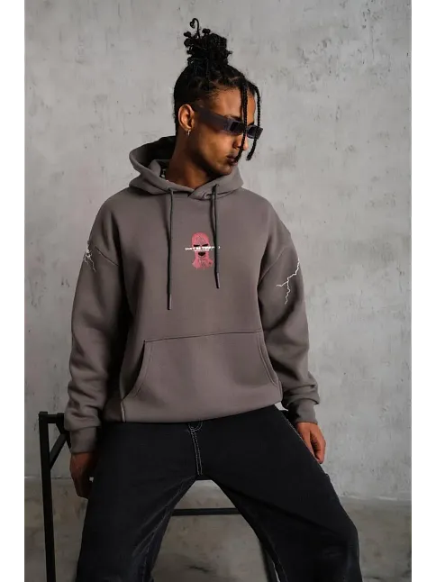 Erkek Maske Baskılı Kapüşonlu Sweat - Gri