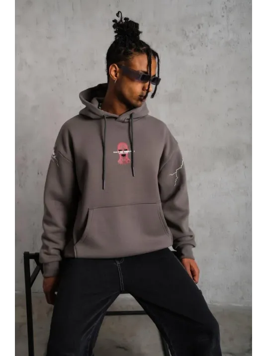 Erkek Maske Baskılı Kapüşonlu Sweat - Gri