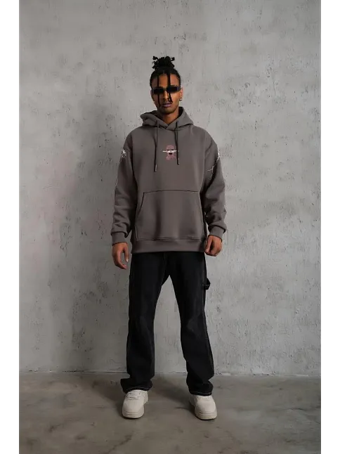 Erkek Maske Baskılı Kapüşonlu Sweat - Gri