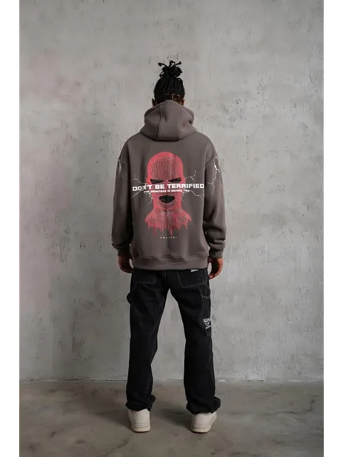 Erkek Maske Baskılı Kapüşonlu Sweat - Gri
