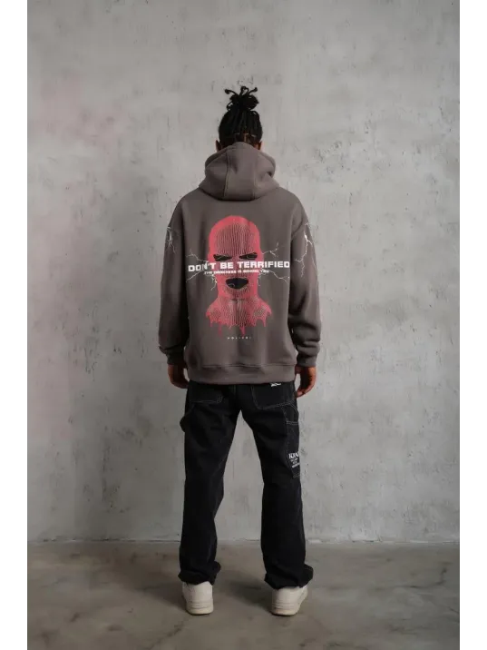 Erkek Maske Baskılı Kapüşonlu Sweat - Gri