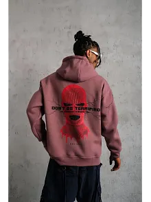 Erkek Maske Baskılı Kapüşonlu Sweat - Gül Kurusu